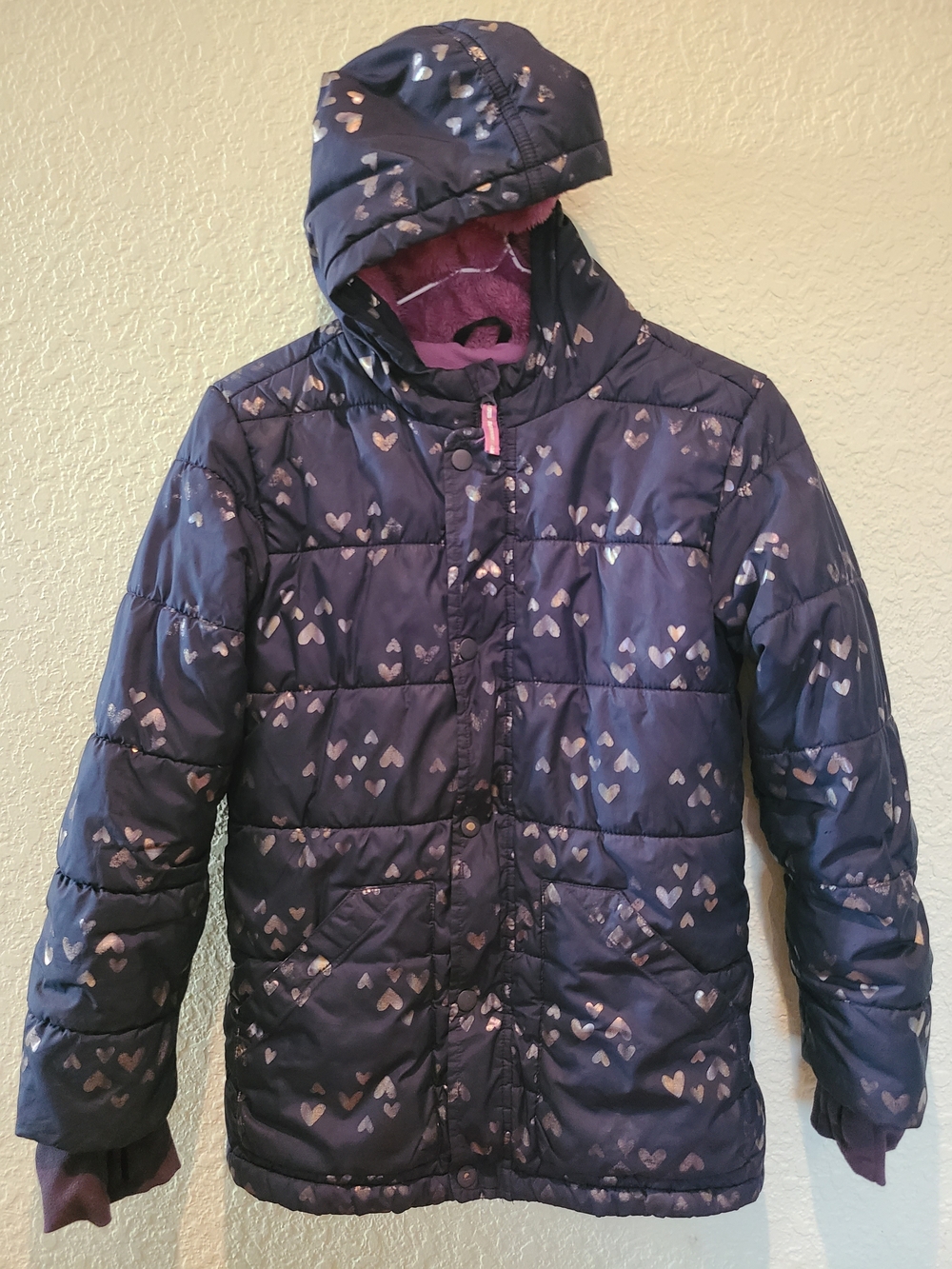 Kids Navy Heart Print Puffer Jacket. Size 10-12